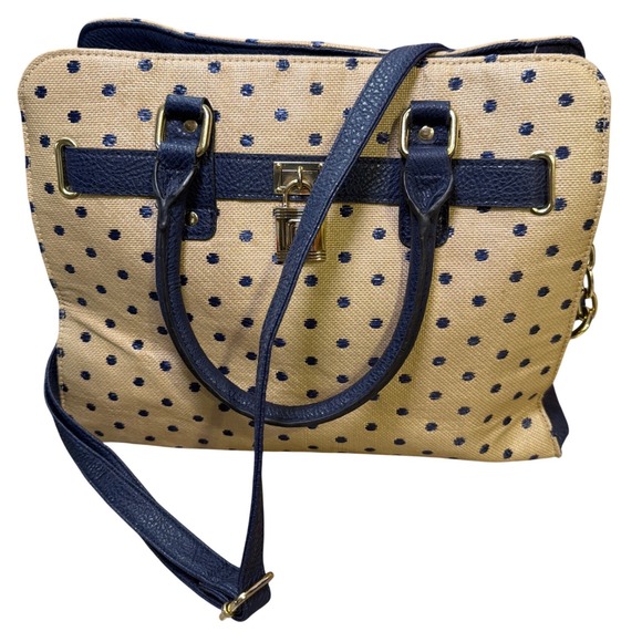 2/$15 ❄️ Rossetti Womens Polka Dot Tote Purse Blue Tan Crossbody Gold Hardware - Picture 1 of 9